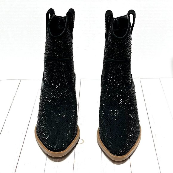New Black Rhinestone Cowboy Ankle Boots Western Booties - Picture 6 of 8